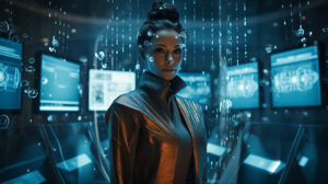 Ilustração futurista de um agente de IA representado por uma mulher em ambiente corporativo digital, cercada por telas holográficas e dados em tempo real, simbolizando automação, inteligência e integração tecnológica nos negócios.