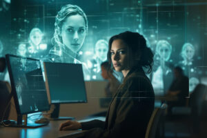 Executiva em escritório moderno com interfaces digitais ao fundo, representando a aplicação de agentes de IA em ambientes corporativos.